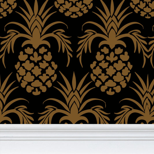 Dark gold pineapple on black background colonial stencil