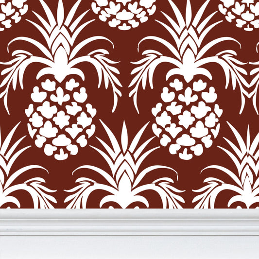 Colonial White pineapple stencil on dark red background