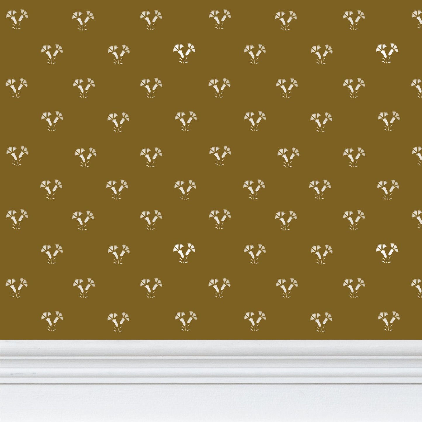 Colonial Thistle Stencil white on mustard/gold wallpaper