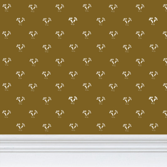 Colonial Thistle Stencil white on mustard/gold wallpaper