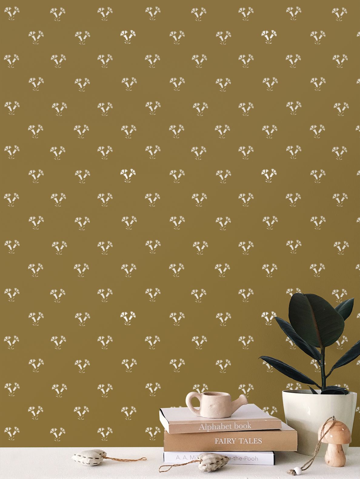 Colonial Thistle Stencil white on mustard/gold wallpaper