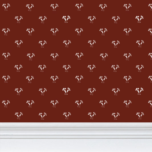 Colonial Thistle Stencil white on dark red wallpaper
