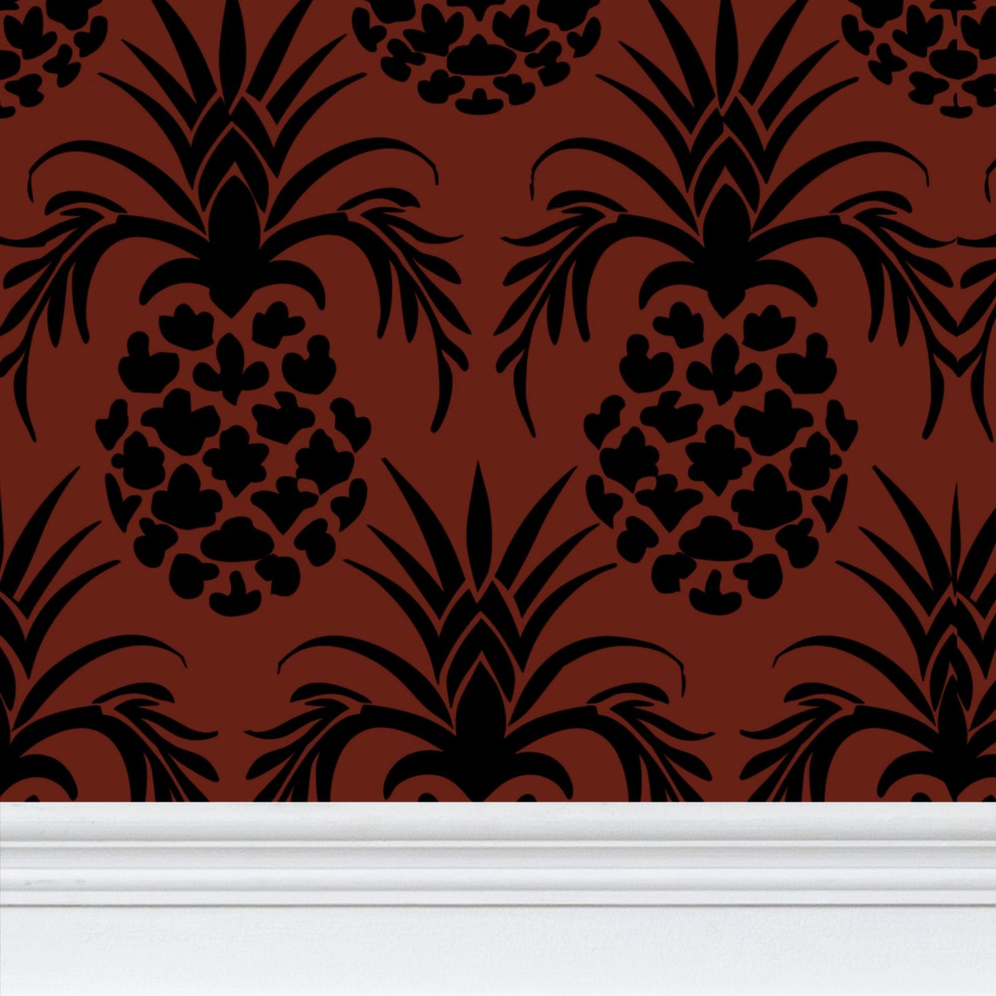 Black Pineapple stencil pattern on dark red background