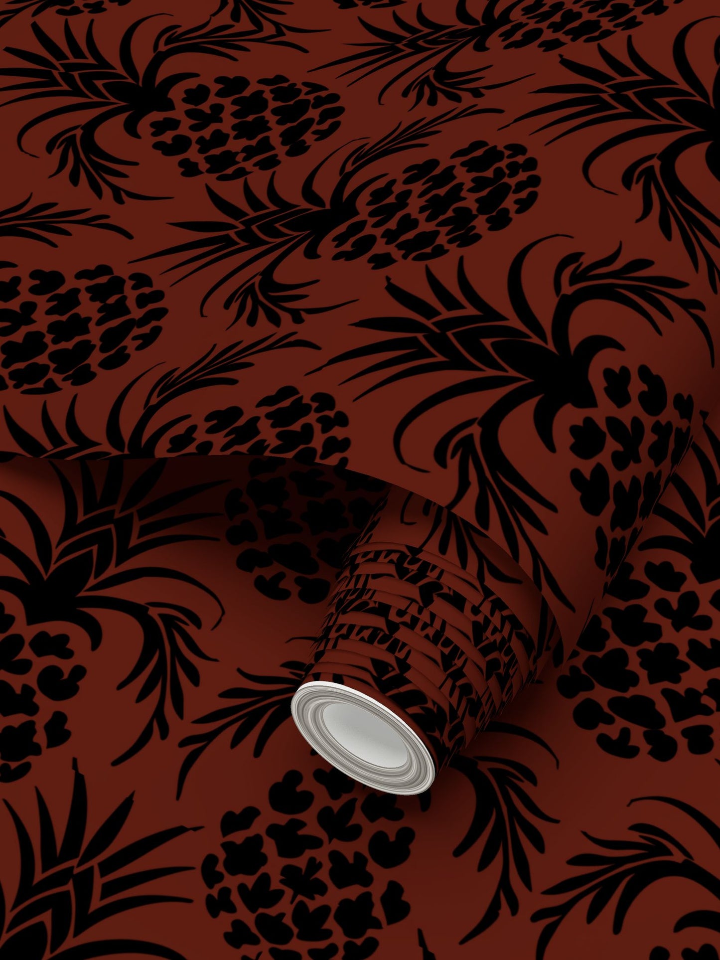 Black Pineapple stencil pattern on dark red background