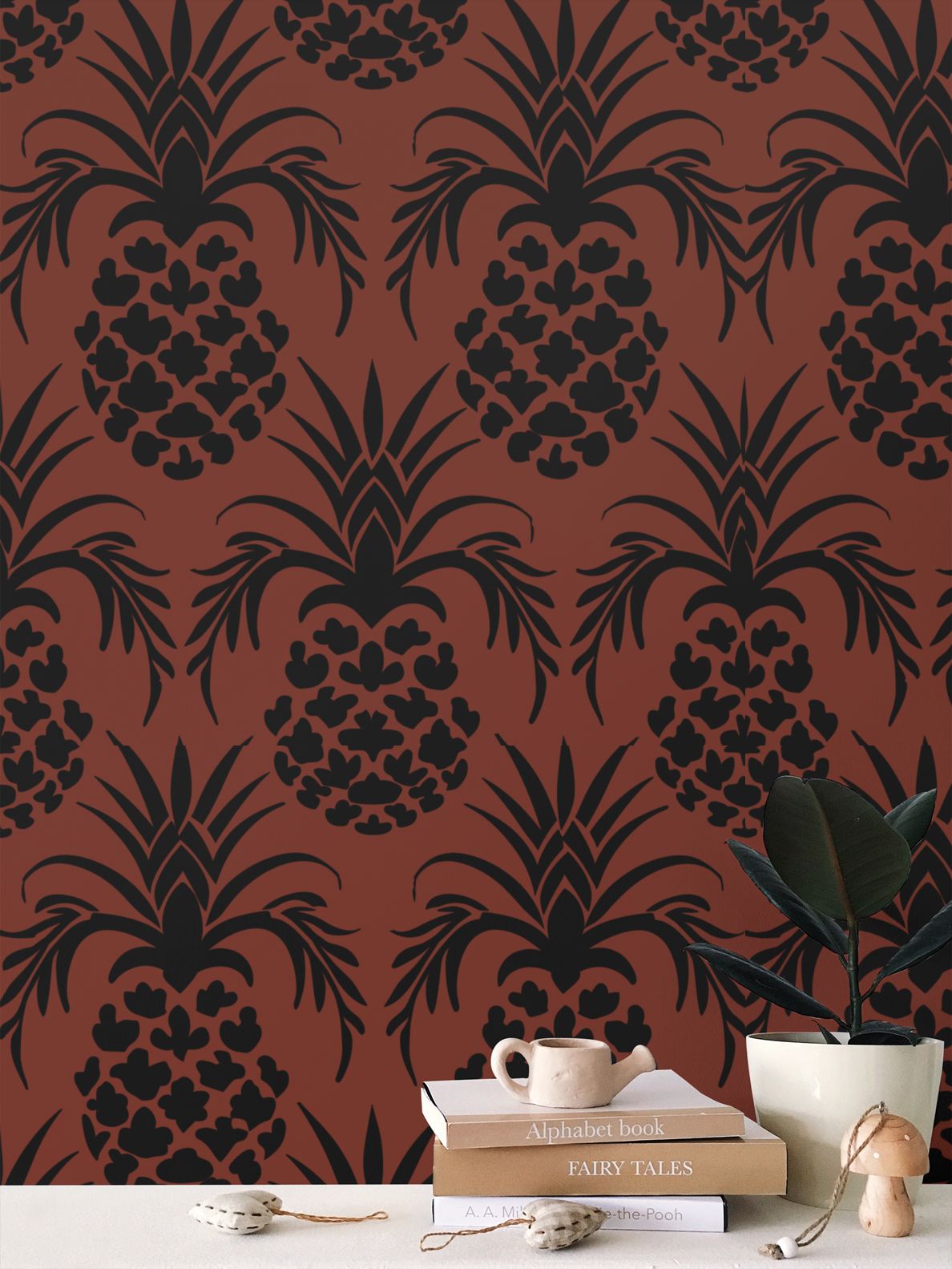 Black Pineapple stencil pattern on dark red background