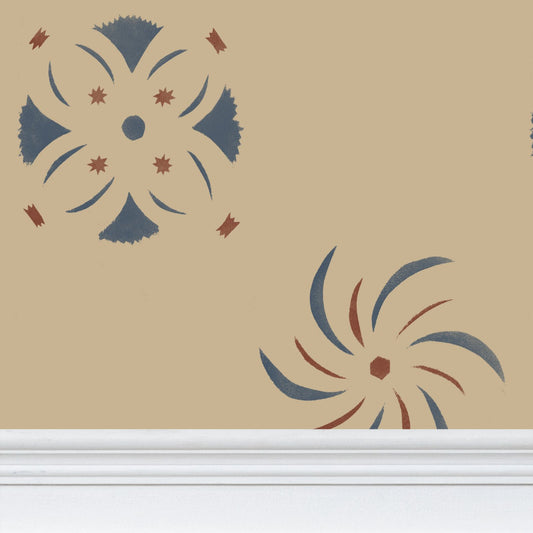 Colonial Stencil Blue and Red on Tan Wallpaper Large Scale