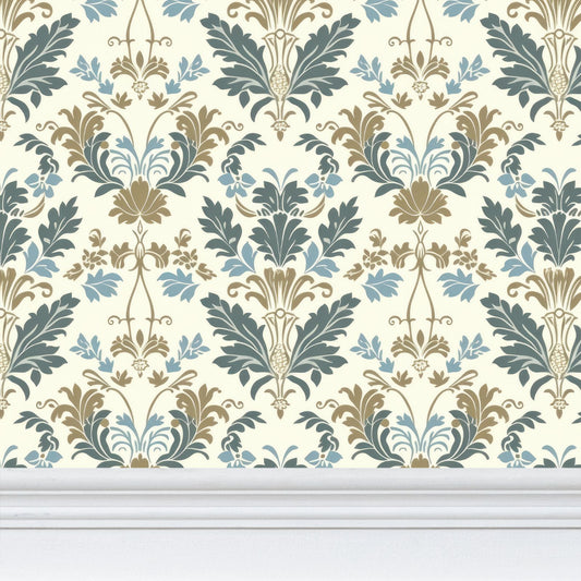 Early American, colonial blue and gold on cream wallpaper
