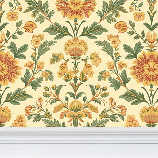 Cream, orange, yellow and green damask floral pattern early american