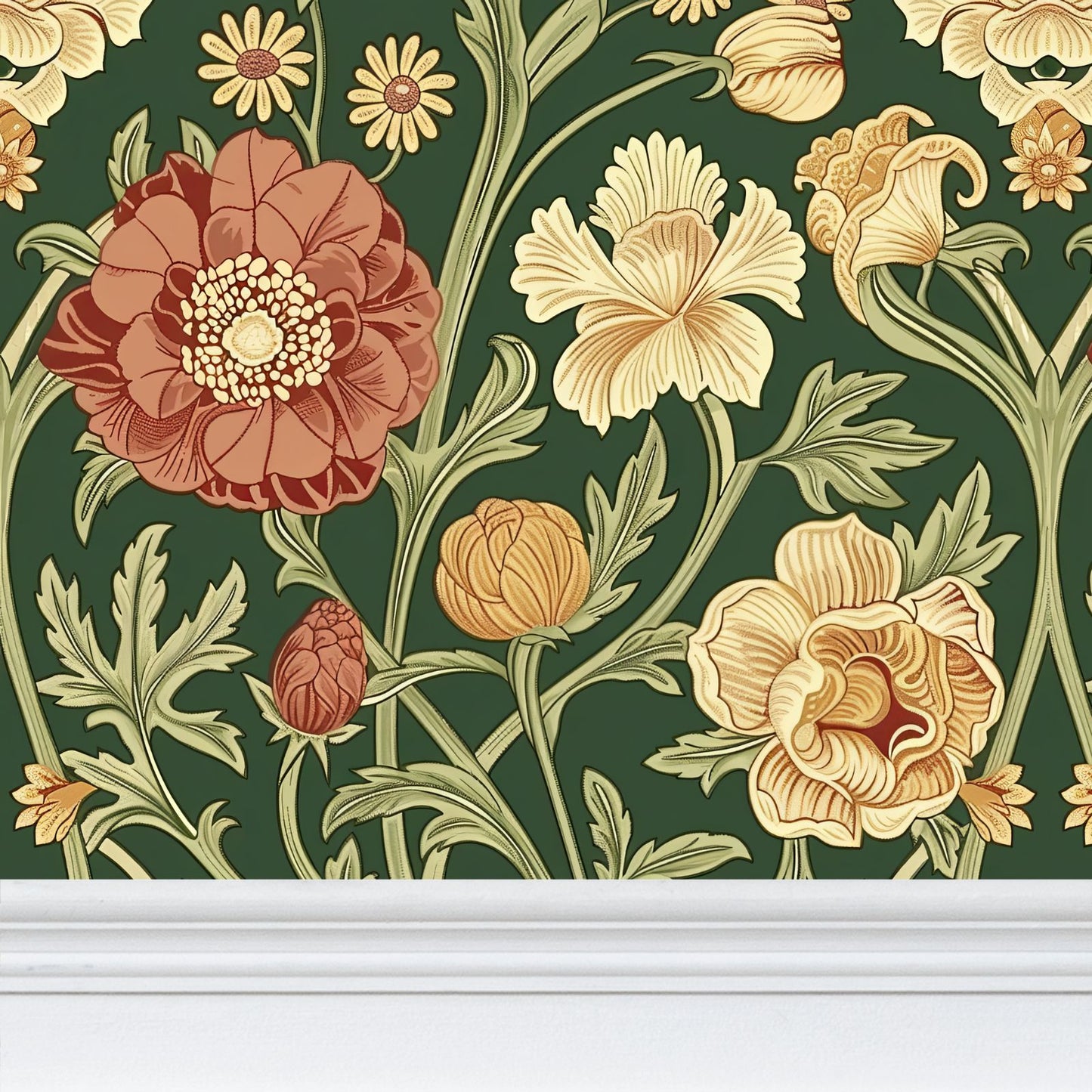 Red, gold, Yellow on dark green background William Morris Style Walls