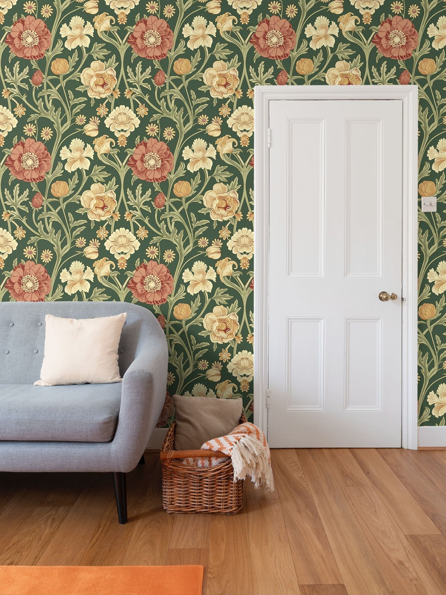 Red, gold, Yellow on dark green background William Morris Style Walls