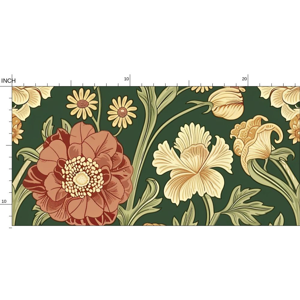 Red, gold, Yellow on dark green background William Morris Style Walls