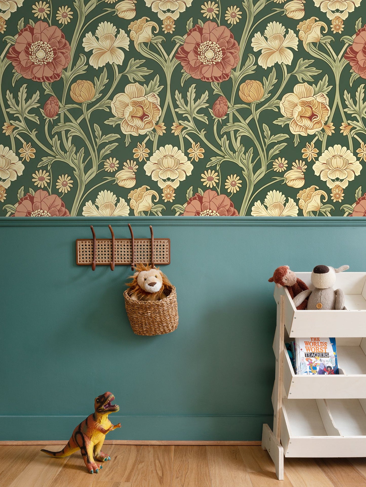 Red, gold, Yellow on dark green background William Morris Style Walls