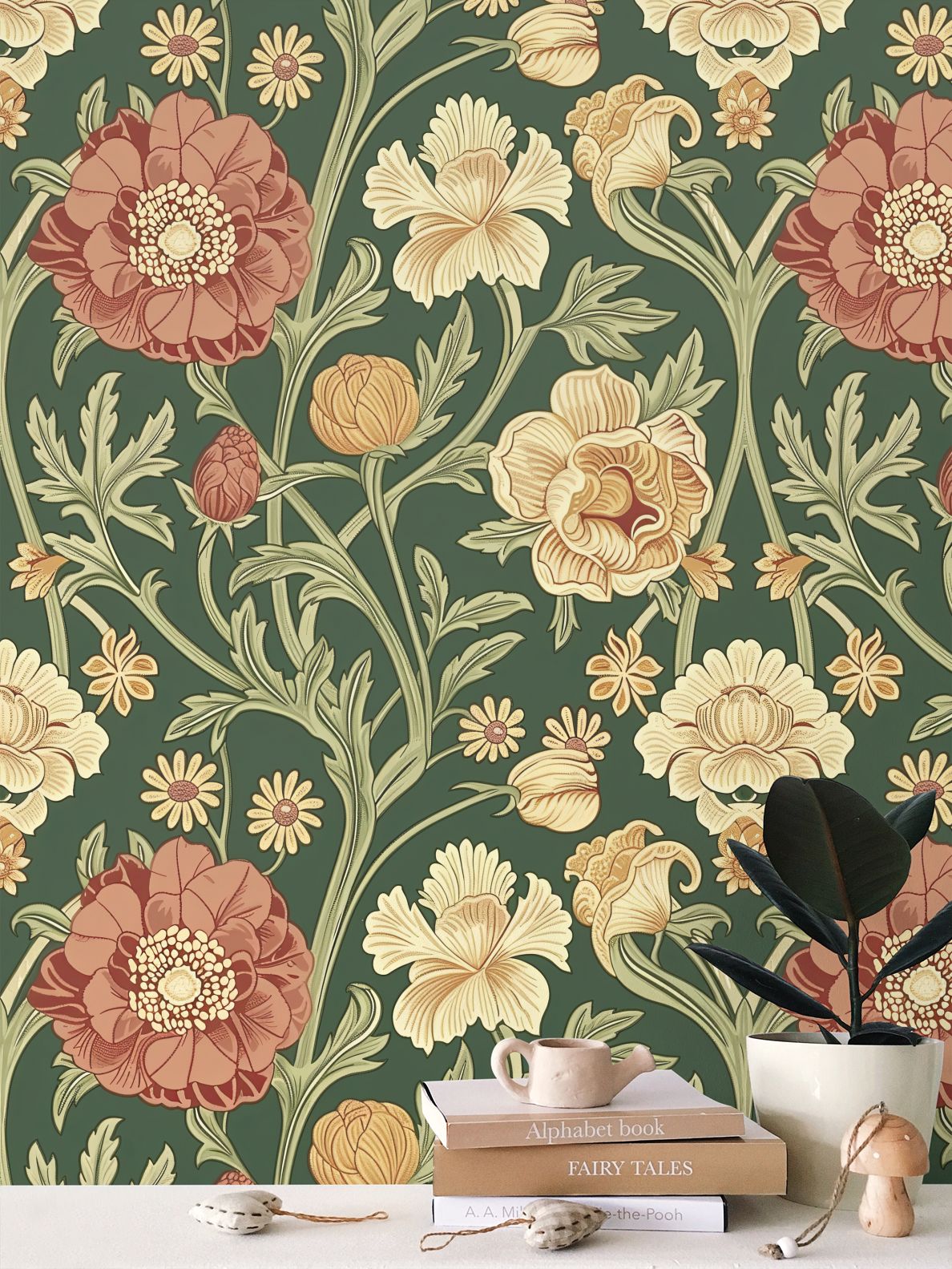 Red, gold, Yellow on dark green background William Morris Style Walls