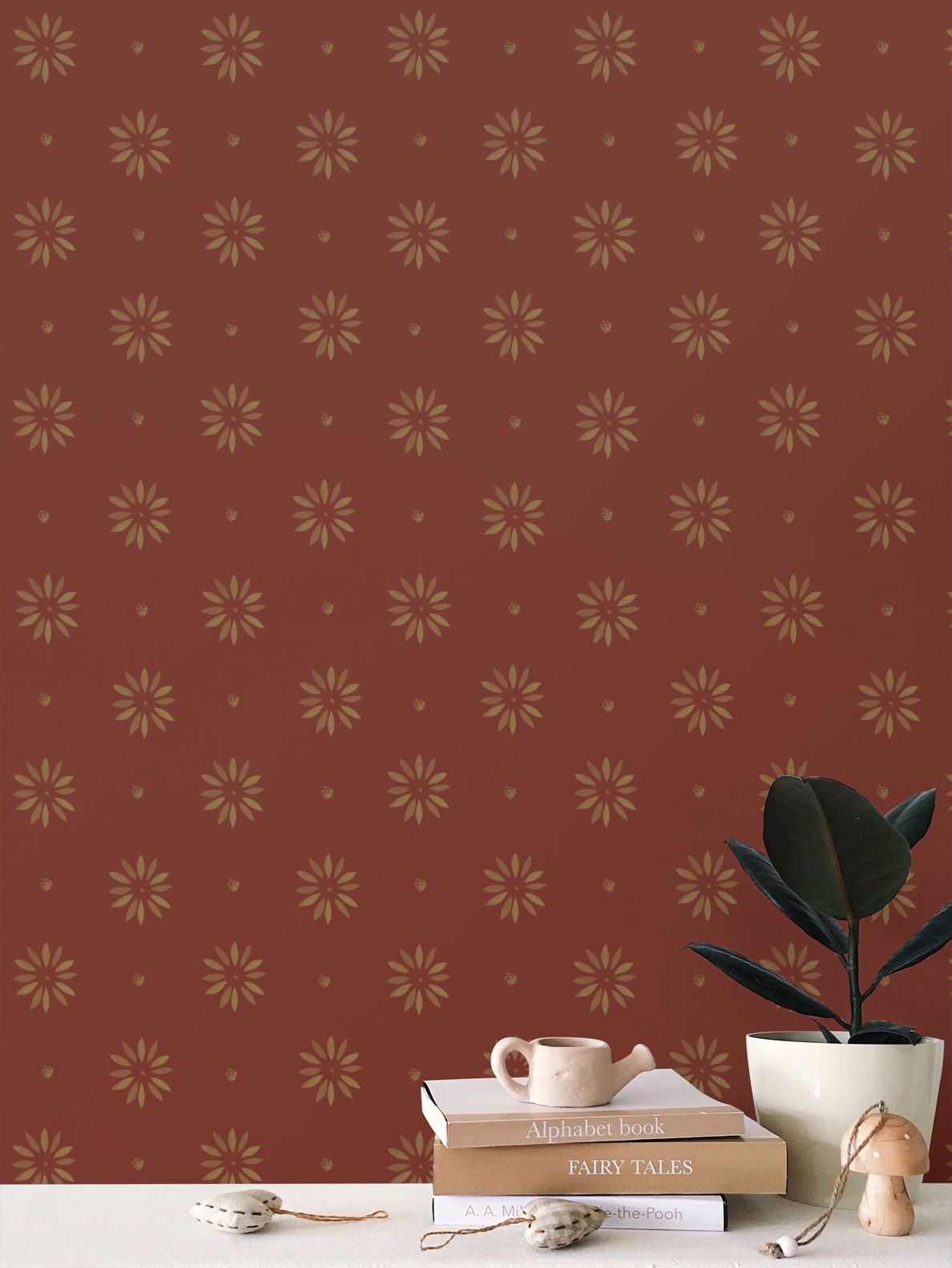 Gold Petals Stencil on Country Red Background Wallpaper