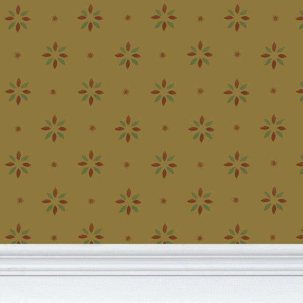Red and Green Petal Stencil on Gold Background Wallpaper