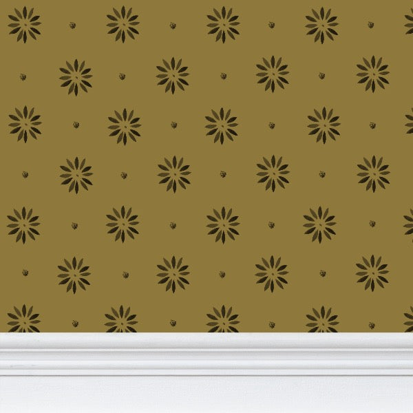 Gold/Mustard Background with Black petals larger Scale Stencil Wallpaper