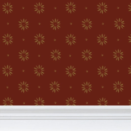 Gold Petals Stencil on Country Red Background Wallpaper