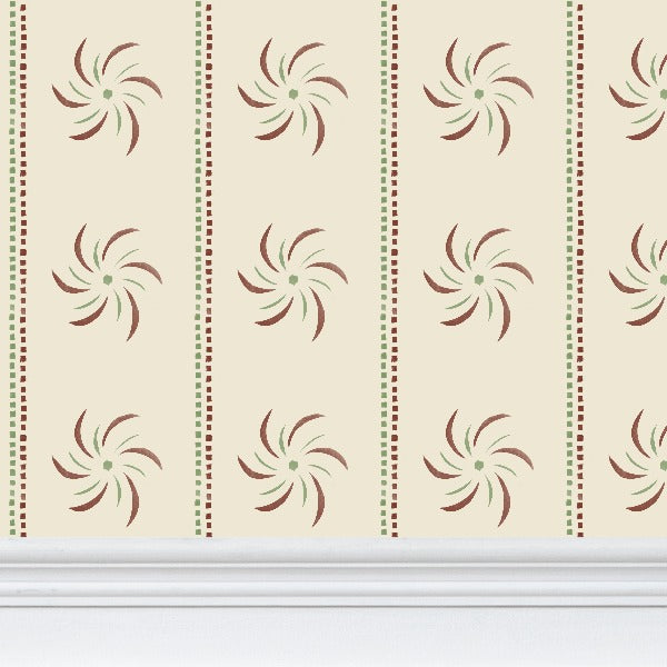 Red, and Green stencil on cream medium scale wallpaper primitive