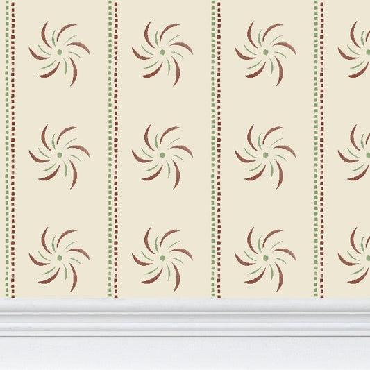 Red, and Green stencil on cream medium scale wallpaper primitive