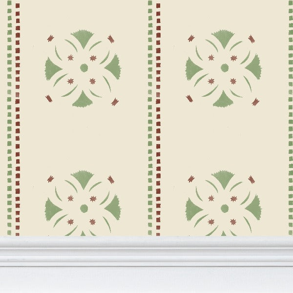 Red and Green Stencil on Cream medium scale colonial