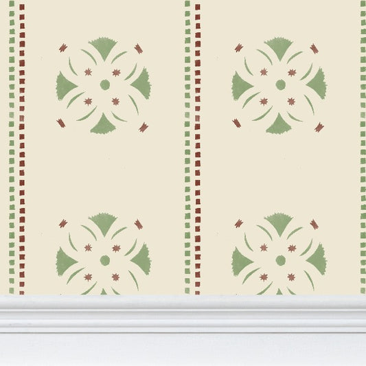 Red and Green Stencil on Cream medium scale colonial