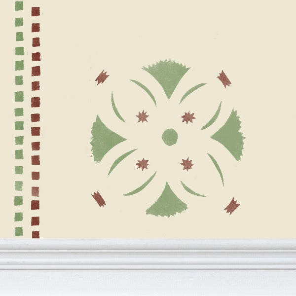 Green and Red Stencil Colonial Wallpaper Large Scale